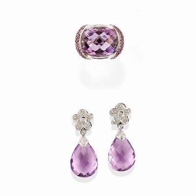 Orecchini e anello in oro bianco 18k con ametiste e diamanti