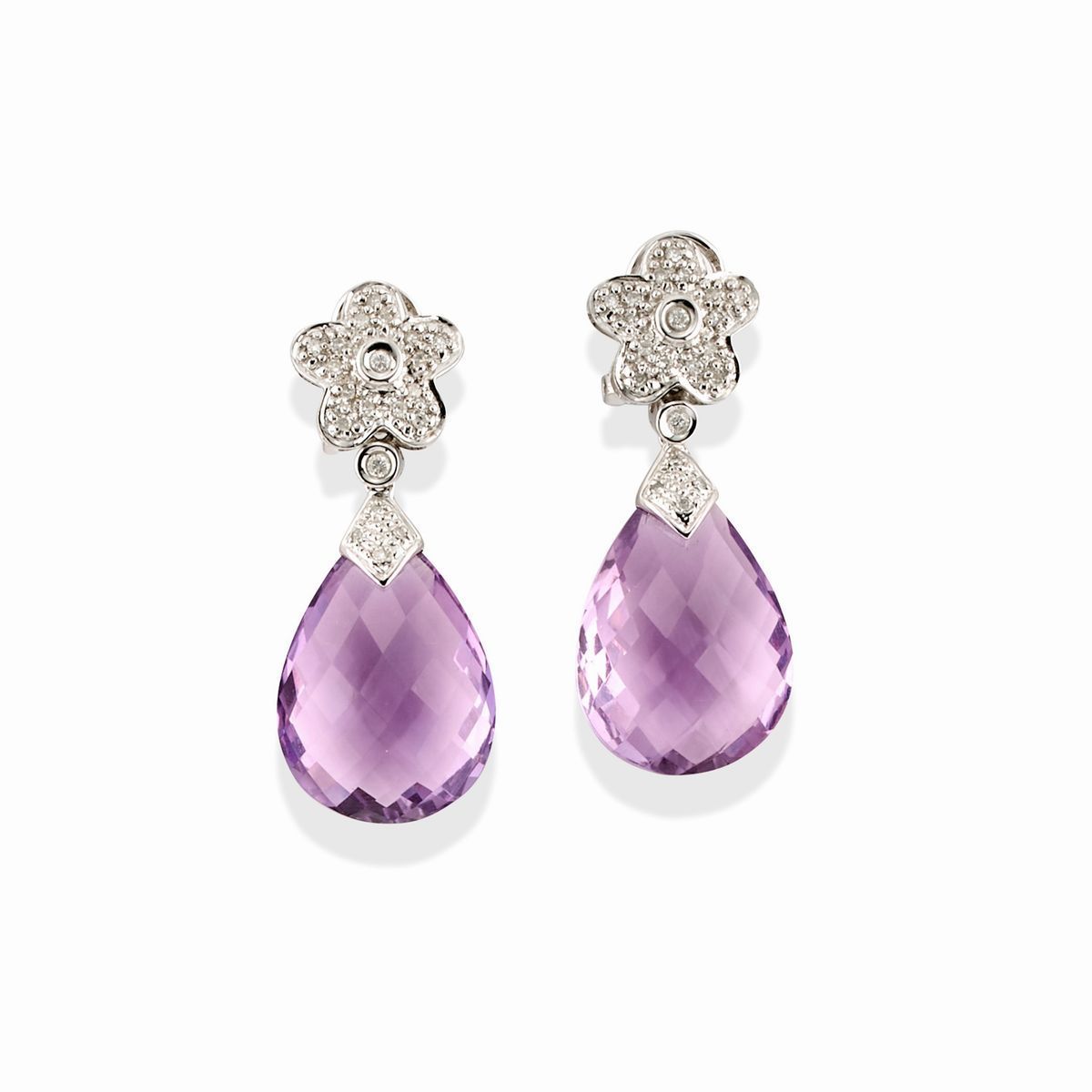 Orecchini e anello in oro bianco 18k con ametiste e diamanti