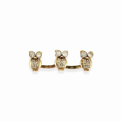 Anello in oro bicolore 18k e argento con tre gufetti in diamanti