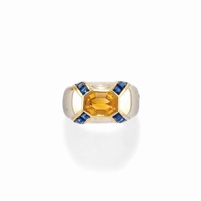 Anello in oro bicolore 18k con zaffiro giallo ottagonale