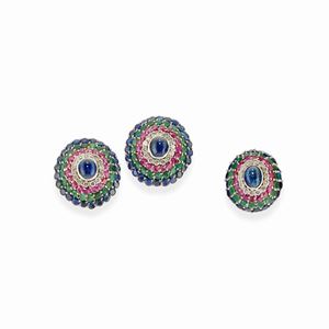 A 18k white gold, sapphire, ruby, emerald and diamond demi parure, with ring and earrings