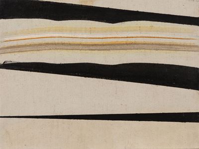 Paesaggio, tecnica mista su tela applicata su tavola, 1977
