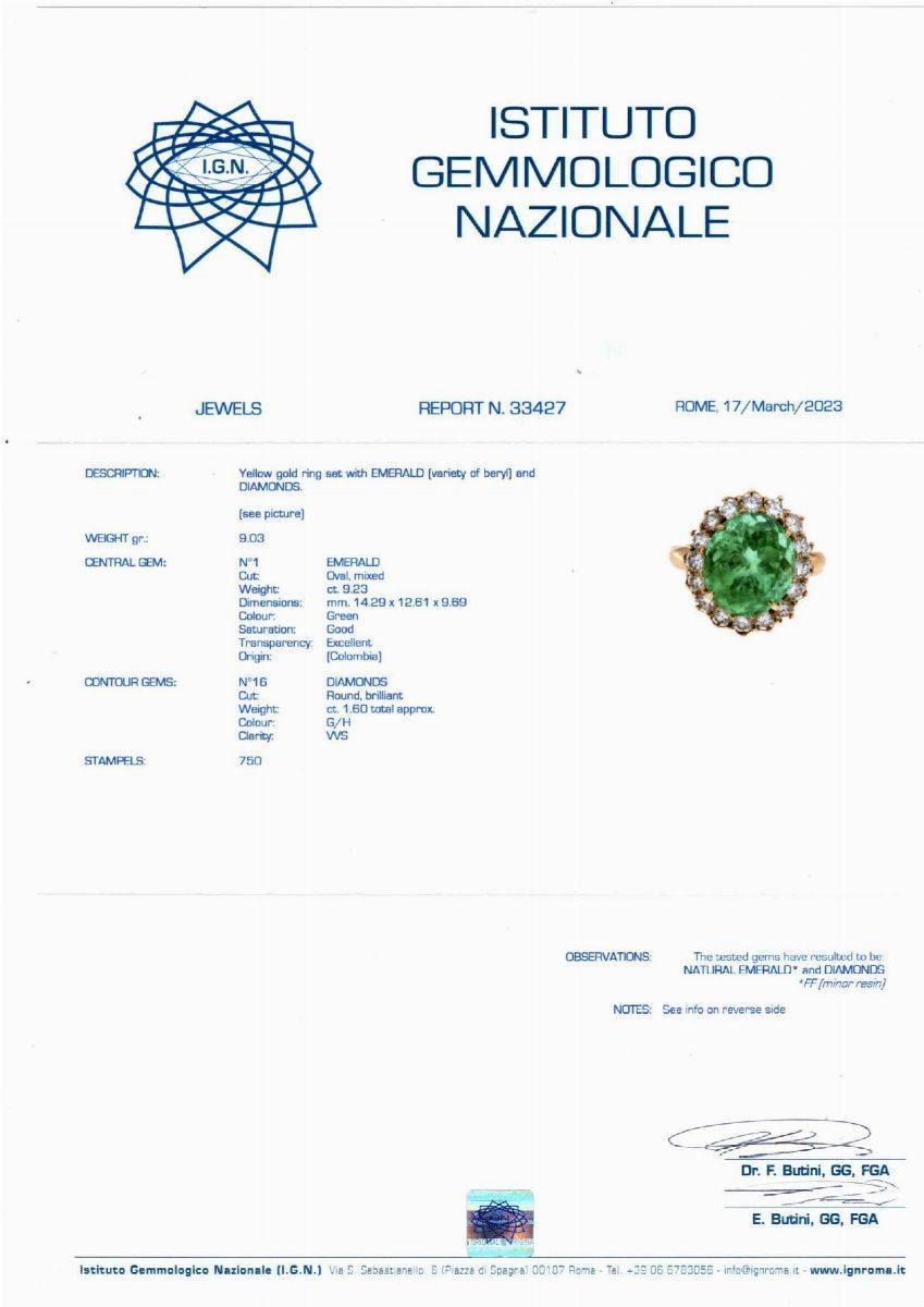Anello con smeraldo colombiano e diamanti, oro giallo 18k