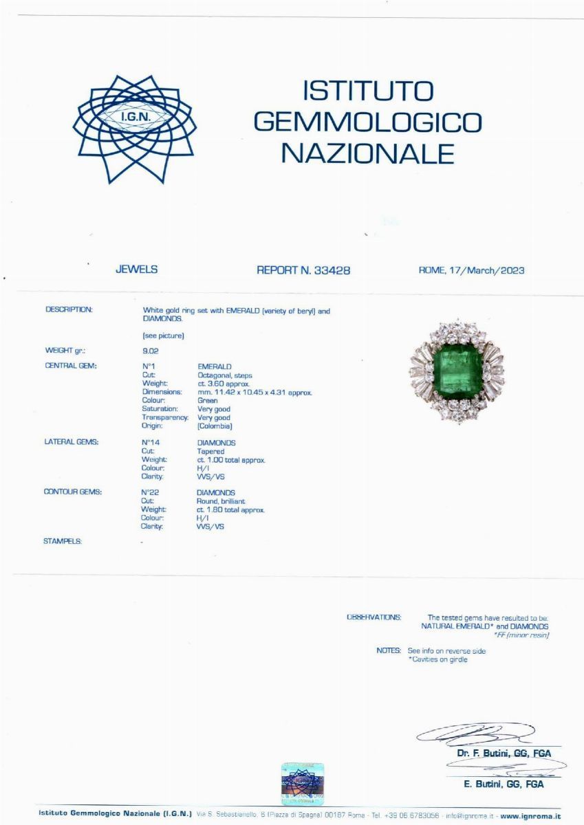Anello con smeraldo colombiano e diamanti, oro bianco 18k