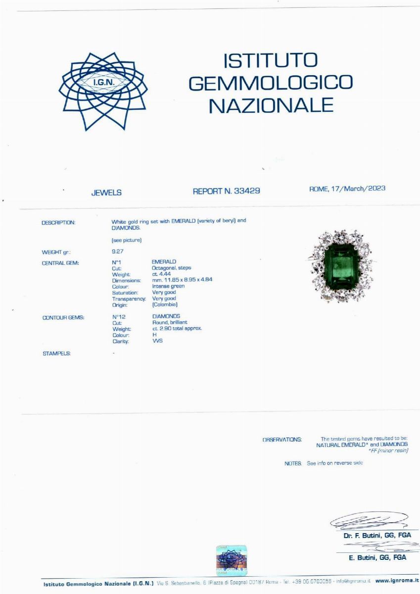 Anello in oro bianco 18k con smeraldo colombiano e diamanti