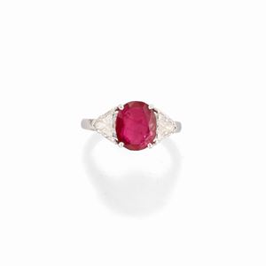 A 18k white gold, ruby (no heat) and diamond ring, with certificate