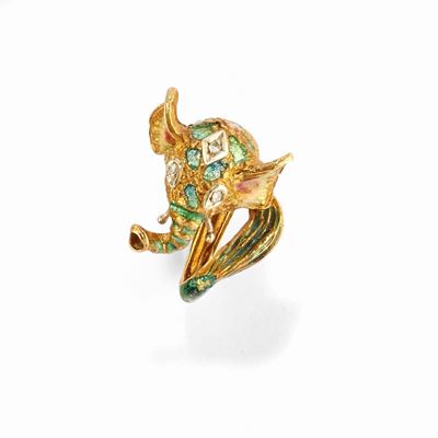 Anello con elefante, oro giallo 18k con smalto policromo e diamanti