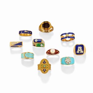 Ten 18k yellow gold, enamel, colored gemstone, cultured pearl and diamond rings, defects
