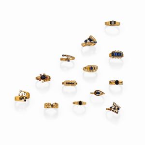 Thirteen 18k two-color gold, sapphire, diamond, ruby, micropearl and gemstone rings