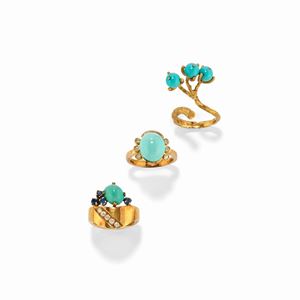 Three 18k yellow gold, turquoise, turquoise paste, diamond and sapphire rings