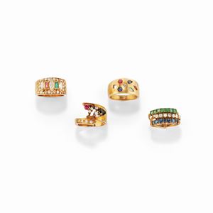 Four 18k yellow gold, colored gemstone and diamond rings, defects