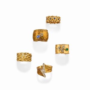 Five 18k yellow gold, colored gemstone and diamond rings