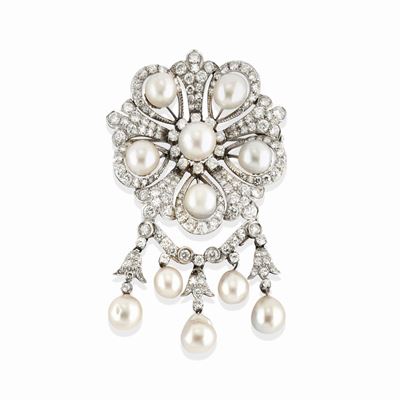 Pendente spilla in oro bianco 18k con perle coltivate e diamanti