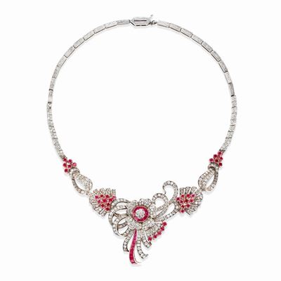 Collana con rubini e diamanti, oro bicolore 18k
