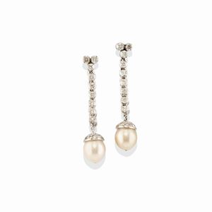 A 18k white gold, diamond and cultured pearl pendant earrings