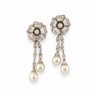 A 18k white gold, diamond and cultured pearl pendant earrings