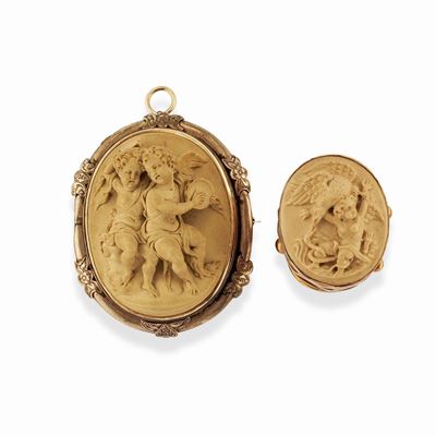 Pendente e spilla con cammeo, oro giallo 18k e argento