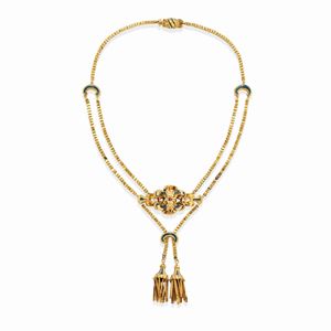 A 14k yellow gold and enamel necklace, 19th Century, defects