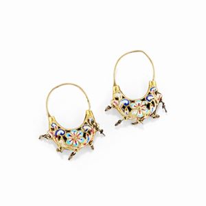 A 14k yellow gold and silver, enamel and white gemstone earrings, 19th Century, defects