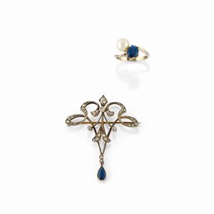 A 18k two-color gold, silver, diamond, cultured pearl and sapphire brooch and ring