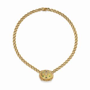 A 18k yellow gold, green gemstone, emerald, sapphire and diamond necklace