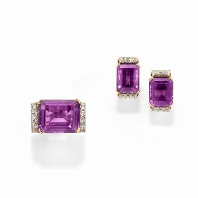 Demi parure in oro giallo 18k e argento con ametiste e diamanti