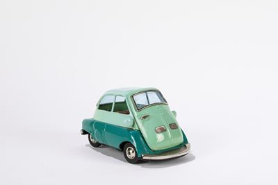 Auto giocattolo modello BMW Isetta, latta, funzionamento a frizione, Giappone, 1958