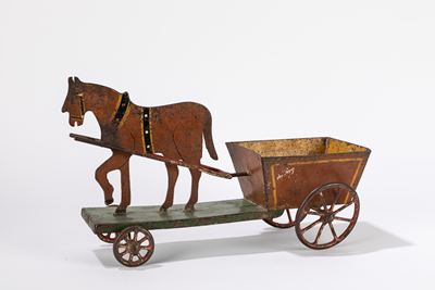 Carretto con cavallo in metallo, giocattolo d'epoca