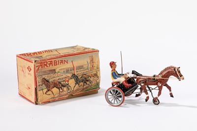 Giocattolo d'epoca, Cavallo da corsa in latta con scatola originale