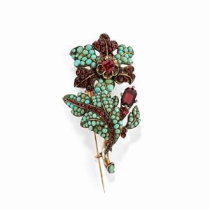 A 14k red gold, turquoise and glass paste brooch, 19th Century, defects