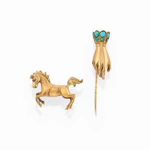 Two 18k yellow gold, colored gemstone, diamond and turquoise brooches
