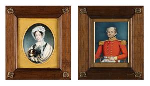 Scuola inglese, secolo XIX - ☼ Portrait of a lady with a dog (Mrs Ginger) and Portrait of a gentleman in uniform