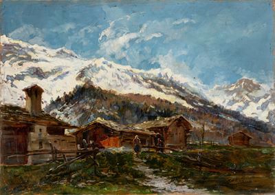 Paesaggio montano, olio su compensato