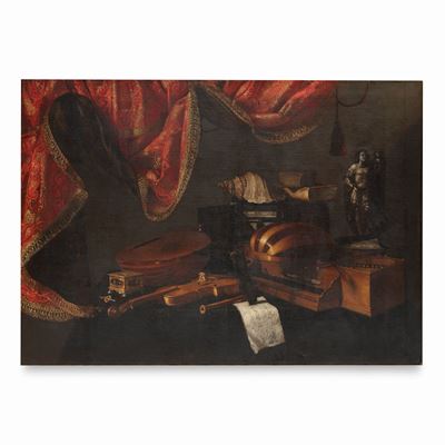 Strumenti Musicali, Foglio con Spartito, Libri, Conchiglia, Scrigno, Statuetta di Davide e Tenda