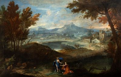 Autore non identificato, Paesaggio fluviale con Noli me tangere, olio su tela