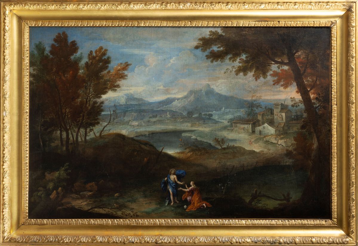 Scuola Emiliana, Secolo XVII - Autore non identificato, Paesaggio fluviale con Noli me tangere, o...