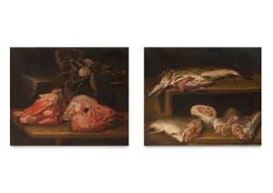 Still life with calf heads and kale; and still life with fish, en pendant