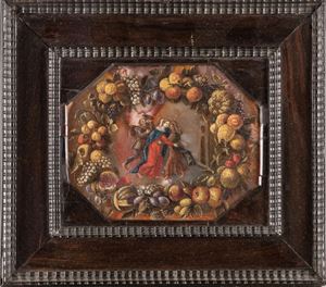 Scuola lombarda, secolo XVII, "Visitazione entro ghirlanda di frutta"