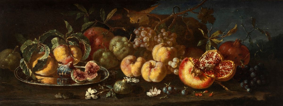 Pietro Navarra (attivo a Roma tra il 1685 e il 1714) - Pesche e Fichi in un Piatto D'argento, Mel...