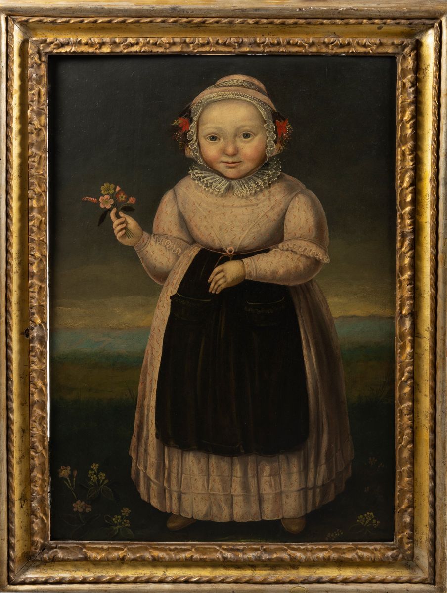 Seguace di Dirck Dircksz. Van Santvoort - Ritratto di Bambina a Figura Intera con Fiori