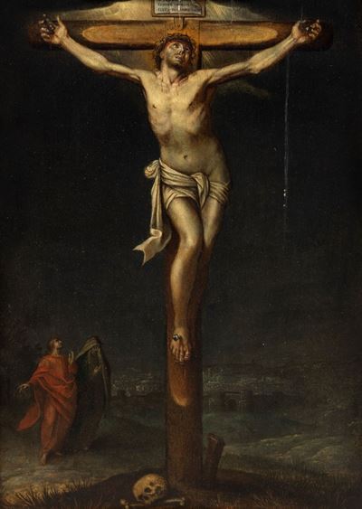 Cristo in croce con i dolenti, olio su tavola