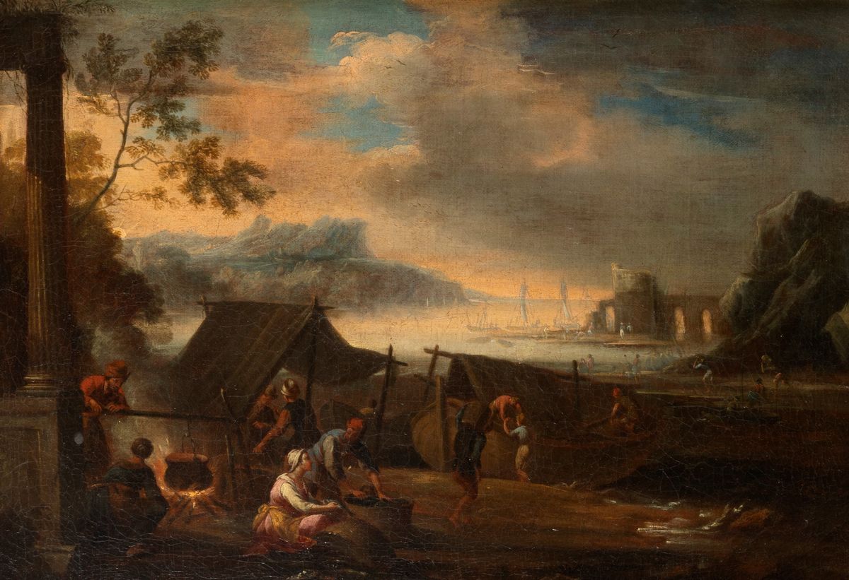 Scuola fiamminga, secolo XVII - Paesaggio fluviale con accampamento di ...