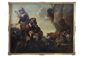Paesaggio con pastori in sosta e armenti