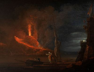 Notturno con Vesuvio in Eruzione e Astanti in Primo Piano