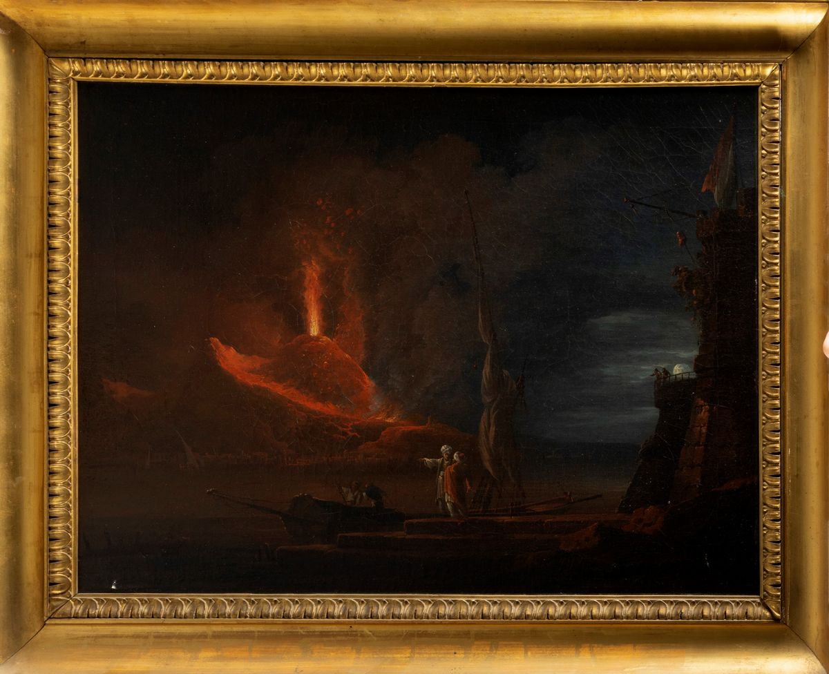Scuola Francese, Fine Secolo XVIII - Inizio Secolo XIX - Notturno con Vesuvio in Eruzione e Astan...