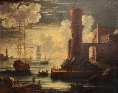 Veduta di Porto Mediterraneo con Velieri e Astanti