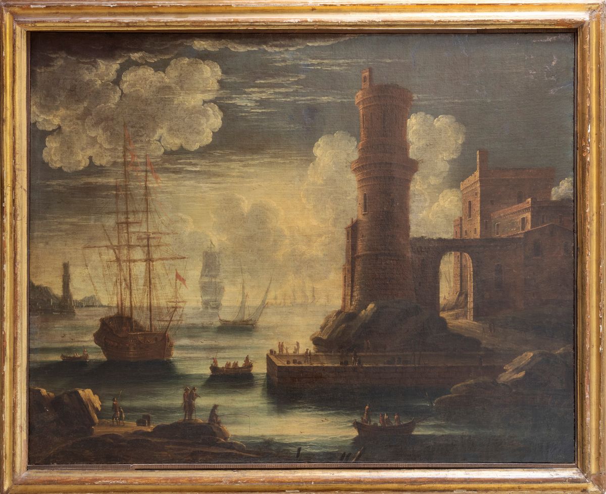 Scuola Napoletana, Fine Secolo XVII - Inizi Secolo XVIII - Veduta di Porto Mediterraneo con Velie...