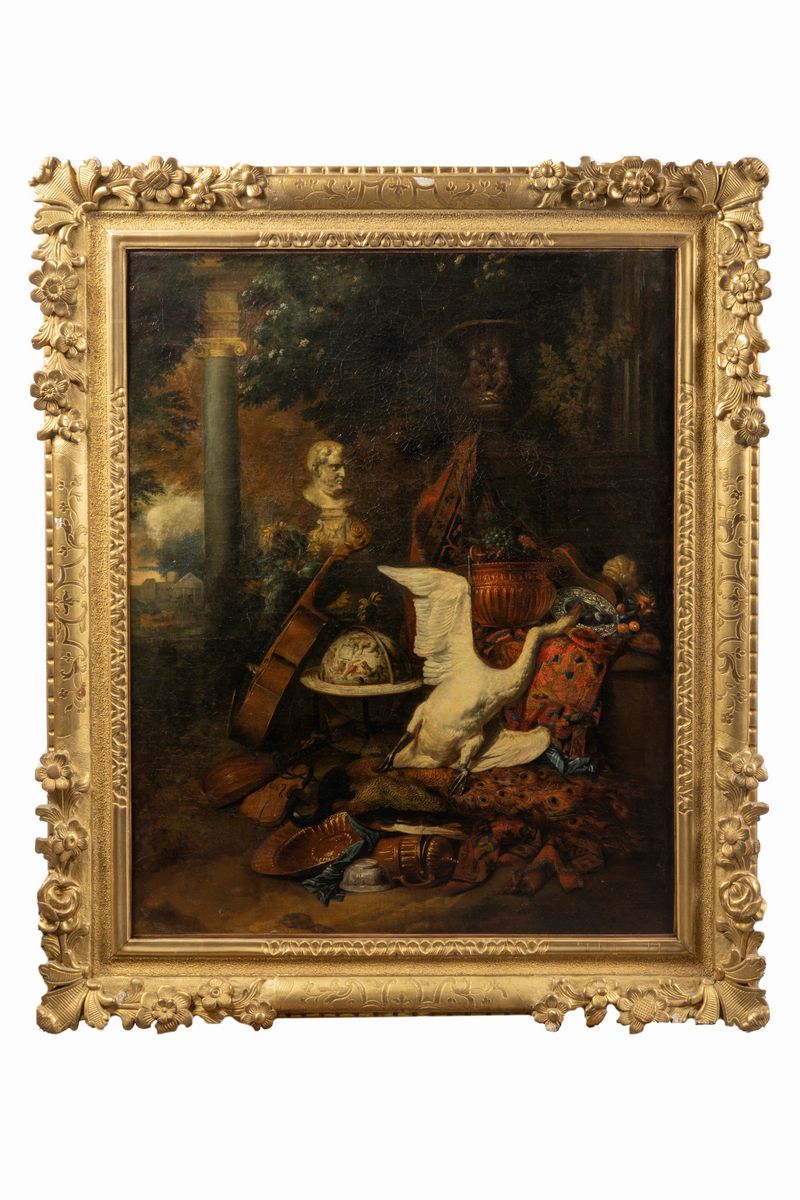 Scuola Fiamminga, Secolo XVIII - Composizione All’aperto con Strumenti Musicali, Statua Dell'impe...
