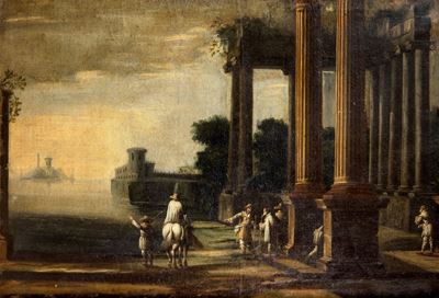Capriccio Architettonico con Cavalieri, Astanti e Fortezza sullo Sfondo