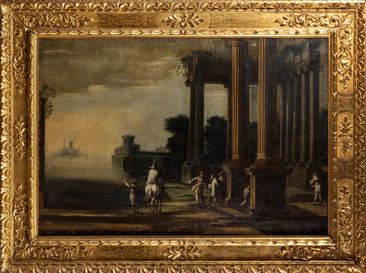 Scuola Italiana, Secolo XVII - Capriccio Architettonico con Cavalieri, Astanti e Fortezza sullo S...